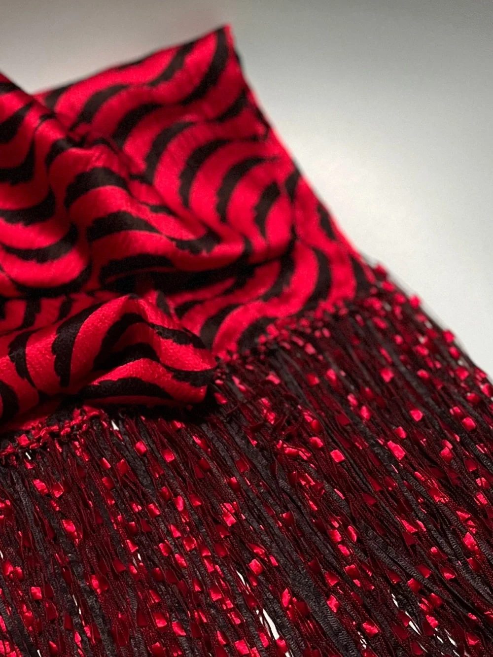 Silk Abstract Scarf with Knotted Fringe